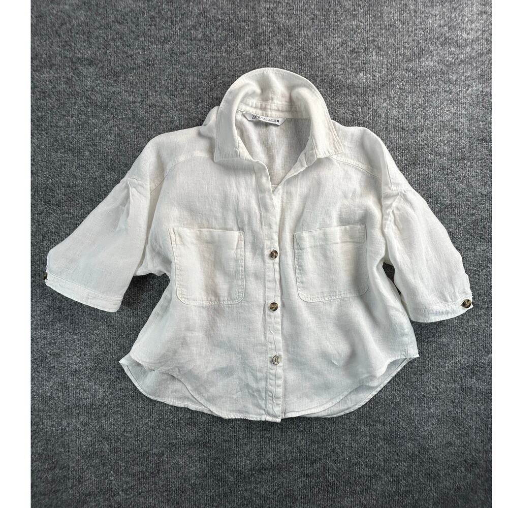 Zara Women's White Linen Blend Button Shirt Roll Tab Sleeve Size Medium